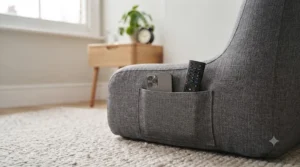 Side view of a budget husband pillow featuring a built-in pocket holding a smartphone and TV remote.
