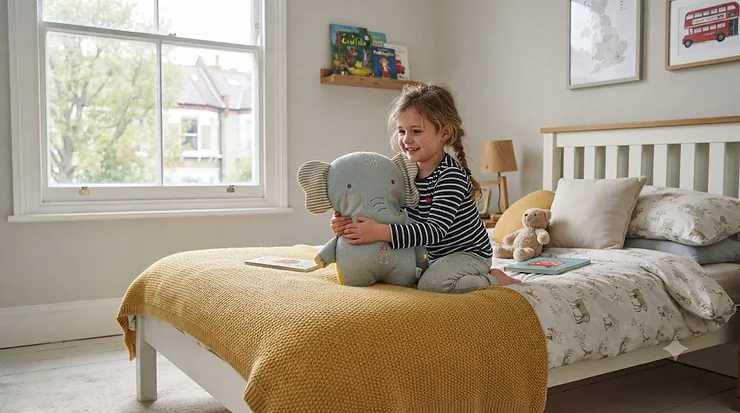 A young girl sits on a bed in a light-filled bedroom, holding an elephant-shaped kids character pillow. kids character pillow