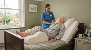 A supportive knee elevation pillow placed under a patient’s legs to reduce lower back strain and prevent pressure sores.
