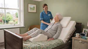 A memory foam abduction cushion used to separate a patient's legs and maintain correct hip alignment.