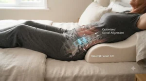 Diagram demonstrating how the pillow supports the spine and relieves back pain.