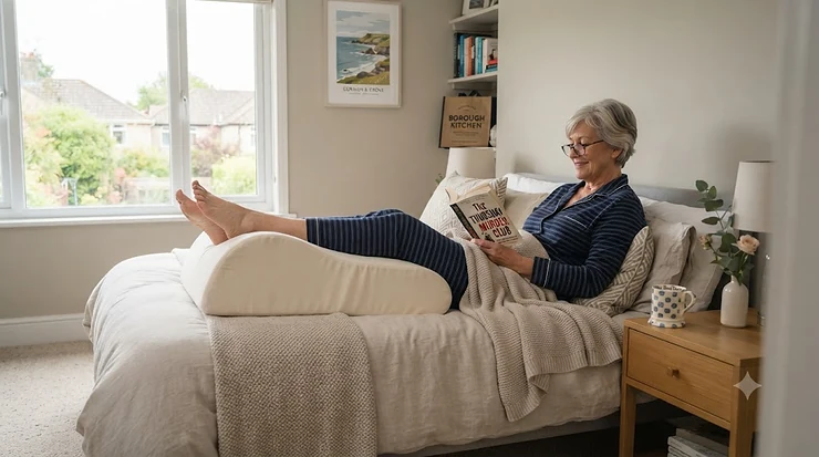 Person resting in bed using an orthopaedic leg elevation pillow for circulation support. leg elevation pillow bed bound