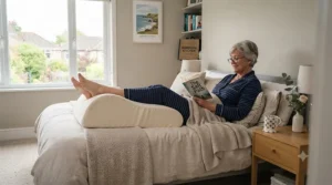 Comfortable bed setup with a leg elevation pillow for long-term bed-bound recovery.