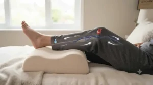 Graphic showing improved blood circulation from legs to heart using a wedge pillow.