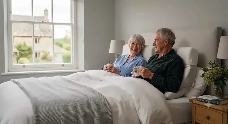Elderly couple sitting in bed with a supportive, lightweight pillow. lightweight pillow for elderly