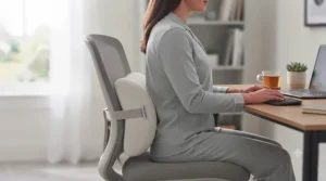 Portable lumbar roll pillow for back pain positioned on a home office chair to maintain lower back curvature during the working day.
