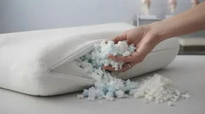 Exploded view of a breathable memory foam pillow showing layers that adapt to pressure points for soothing neck pain relief.