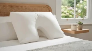 A modern, supportive firm orthopaedic pillow displayed on a clean white bed.