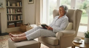 Orthopaedic positioning pillow providing firm lumbar support for an elderly person sitting in a chair.