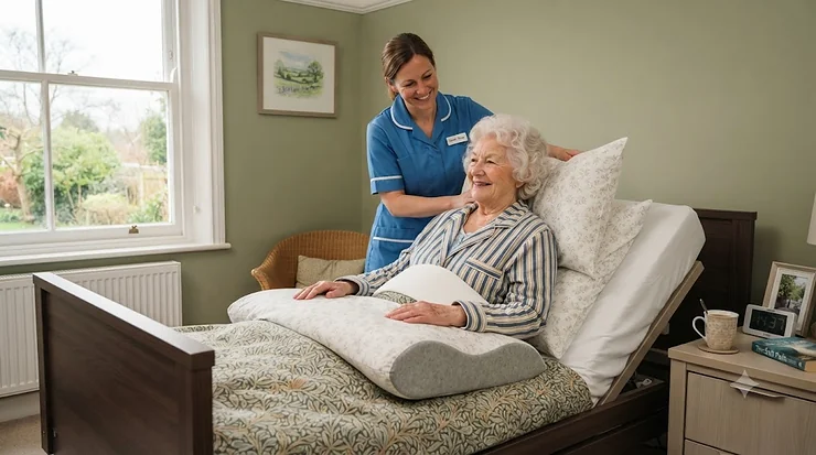 An elderly person sitting upright in a hospital-style bed supported by a supportive orthopaedic pillow for bed bound patients. pillow for bed bound patients