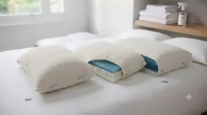 Flat-lay arrangement of three pillows showcasing soft, medium, and firm options to suit every sleeping position.
