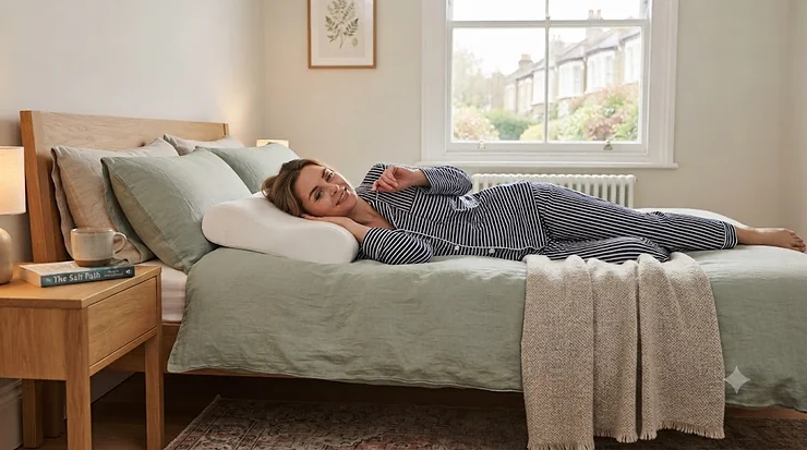 A supportive ergonomic pillow for back pain neatly arranged on a modern British bed with neutral-toned linen bedding, designed to improve spinal alignment and sleep comfort. pillow for back pain