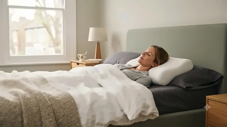 Ergonomic pillow for neck pain providing correct spinal alignment on a neatly made neutral-toned bed in a modern British bedroom. pillow for neck pain