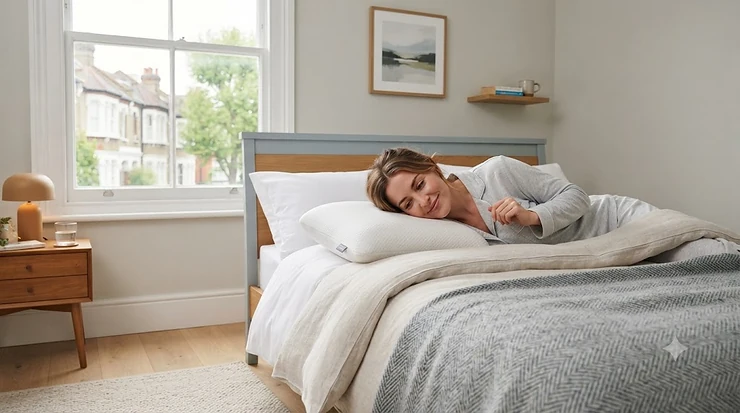 A breathable, cooling memory foam pillow on a neatly made bed in a modern British bedroom, ideal for managing night sweats. pillow for night sweats