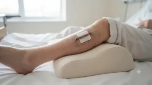 Patient recovering from knee surgery using a leg elevation pillow in bed.