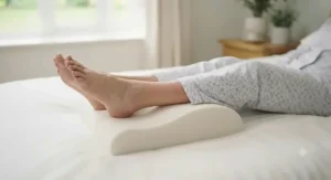 A specialist heel-elevation positioning pillow designed to prevent pressure sores in bedbound patients.