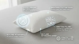 Diagram highlighting safety features of a toddler pillow including non-toxic materials.