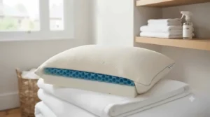 A side sleeper enjoying correct spinal alignment and neck support on a firm yet breathable contour pillow.