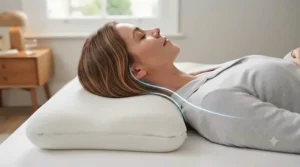 Side sleeper resting comfortably on an ergonomic contour pillow that maintains neutral spinal alignment throughout the night.