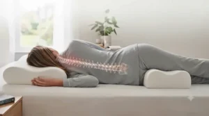 Side sleeper using an orthopaedic pillow for back pain, showing proper neck and lumbar support for restful sleep.