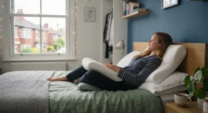 A diagram showing proper spinal alignment with a medium-firm pillow for a side-sleeping teenager.