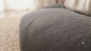 Macro shot of the soft-touch, skin-friendly velour fabric texture on a grey backrest pillow for bed.