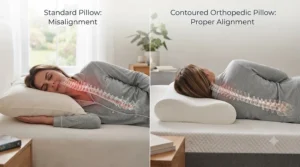 Diagram illustrating proper spinal alignment achieved when using a specialist pillow for back pain compared to a standard pillow.