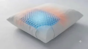 A visual representation of temperature regulation, showing heat moving away from the head on a cooling gel pillow.