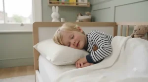A happy toddler sleeping comfortably on a supportive pillow in a toddler bed.