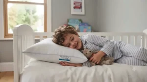 A happy child transitioning from a cot to their first junior pillow.