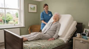 A V-shaped orthopaedic pillow providing targeted neck and back support for a patient resting in bed.