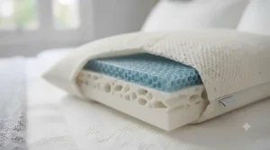 A person waking up relaxed and well-rested in a bright British bedroom after using a supportive, temperature-regulating pillow.