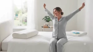 Person stretching comfortably in a bright, contemporary British bedroom after a restorative night's sleep using a therapeutic pillow for back pain.