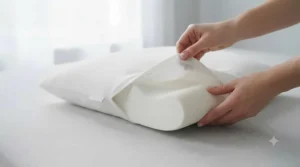 A parent removing a zip-off cover from a toddler pillow for easy machine washing.