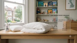 A kids' pillow next to laundry detergent, with an overlay showing care instructions for washing the cover at 40°C.