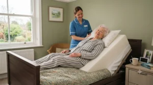 A foam wedge pillow providing a comfortable incline to help a bed bound patient sit up and improve circulation.