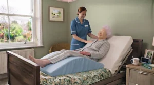 A durable, waterproof positioning pillow for a patient, featuring a wipe-clean surface for easy clinical sanitation.
