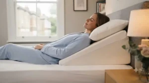 Side profile illustration showing an ergonomic wedge pillow under £40 elevating the torso to reduce acid reflux.