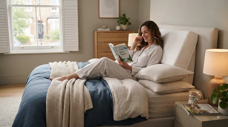 Ergonomic adjustable bed wedge pillow for back and acid reflux support, set on a modern British double bed. adjustable bed wedge pillow