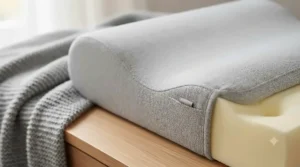 Close-up of contoured memory foam on a leg rest elevation pillow showing its ergonomic slope.