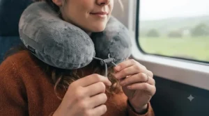 Close-up of an adjustable front toggle fastening a budget-friendly travel pillow to prevent head-bobbing.