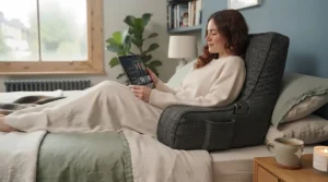 Adult relaxing and reading a book in bed supported by a cosy large reading pillow with arms and a high backrest.