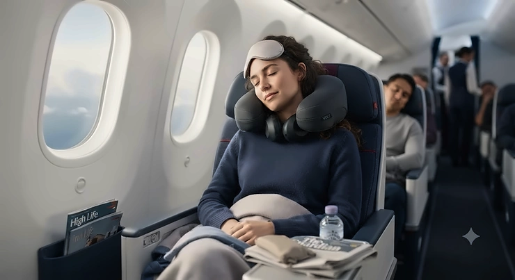 Ergonomic aeroplane pillow for long haul flights, providing neck support for British travellers. aeroplane pillow for long haul