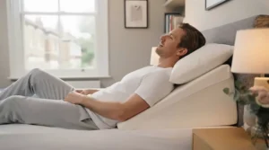 Elevated sleeping position illustrating how a wedge pillow under £40 helps keep airways open to reduce snoring.