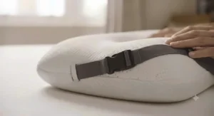 A back sleeper demonstrating the ideal resting position with a supportive pillow placed under the knees to reduce lower back tension and hip strain.