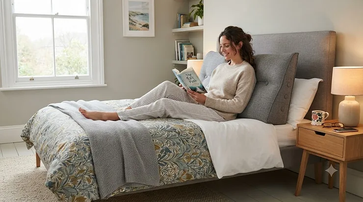 Ergonomic grey bed reading wedge pillow supporting an adult sitting up to read in a British double bed. bed reading wedge