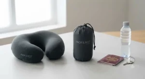 Range of compact travel pillows shown compressed alongside a standard passport and water bottle for scale.