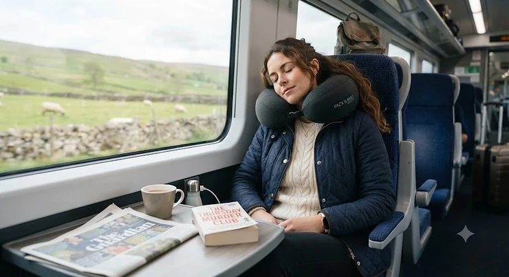 A traveller adjusting a compact travel pillow on a long-haul flight, showcasing supportive design for neck comfort. compact travel pillow