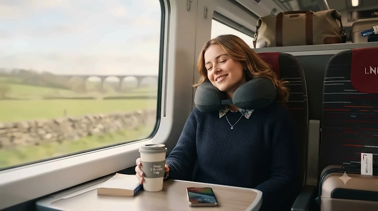 Ergonomic memory foam neck pillow for travel supporting the neck and easing pain on long-haul flights. neck pillow for neck pain travel