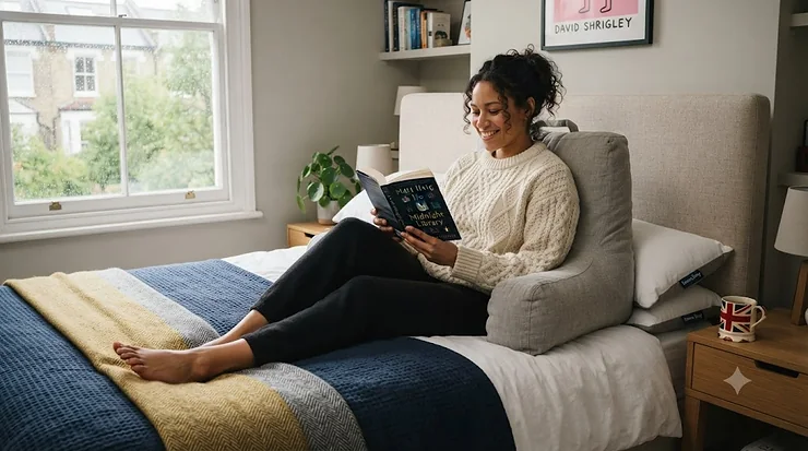 A woman relaxing in a cosy bedroom, leaning against the best reading pillow for back support while enjoying a cup of tea. best reading pillow